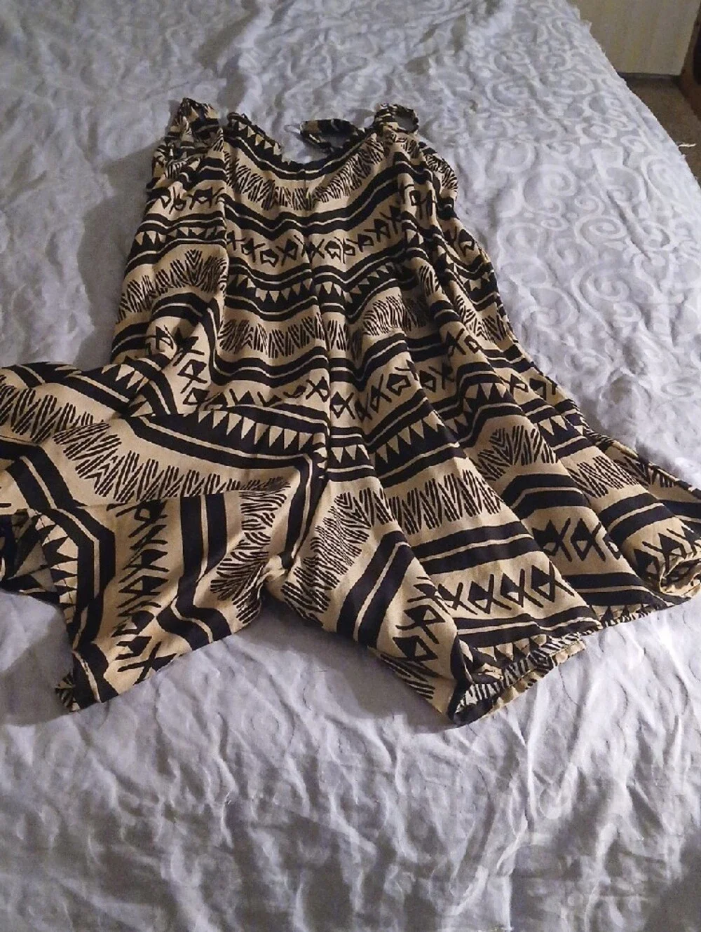 Hawaiian Tribal Print Beige and Black Sleeveless Romper